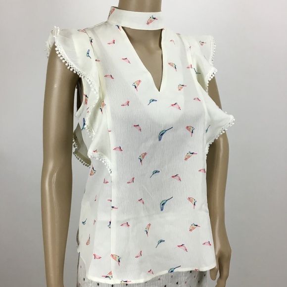 Sweet Wanderer Tops - Sweet Wanderer Bird Print Choker Ruffle Top Small